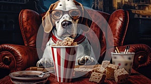Lazy Leisure Beagle dog with glasses Relaxed on a Sofa Watching Movies and Enjoying Popcorn. Generative AI