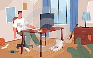 Lazy man at home. Guy leading sedentary lifestyle, homebody sitting at computer, room clutter, clothes dirt stains