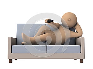 Lazy man lying on the sofa and zapping with a remote control. He is bored and depraved. He is killing time and is unhealthy.
