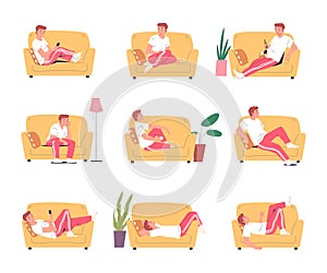 Lazy man on sofa. Sedentary person nap comfort couch, lying or sitting sleeping hipster character home relaxation, tired