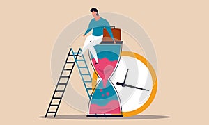 Lazy sandglass and waste time finance problem. Deadline work and depression man to business vector illustration concept.