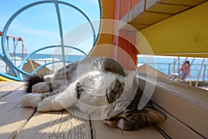 lazy sleeping cat lying on playground with child on swing on seaside background with blue sea during leisure life