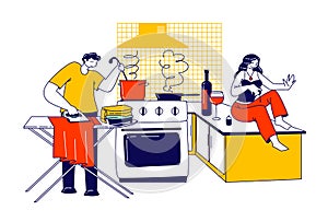 Lazy Spouse Concept. Husband Ironing Clothing and Cooking Dinner, Woman Wife Sitting on Table Make Manicure Drink Wine
