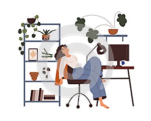 Lazy tired woman at computer desk at home. Apathy, burnout and procrastination concept. Depressed sluggish exhausted