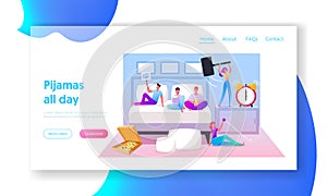 Lazy Weekend Landing Page Template. Characters Lying on Bed, Relaxing, Watching Tv, Eating Fast Food Pizza and Pop Corn