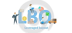 LBO, Leveraged Buyout. Concept with keywords, letters and icons. Flat vector illustration. Isolated on white background.