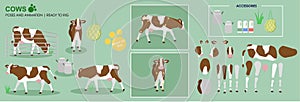 Brown cow ready to animate with multiple poses accessories. Vector photo