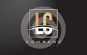 LC L C Golden Letter Logo Design with Gold Square and Swoosh.