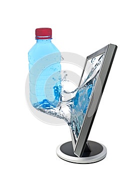 LCD monitor and bottle of water