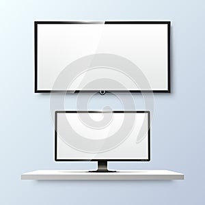 Lcd monitor and empty white flat TV screen. Vector