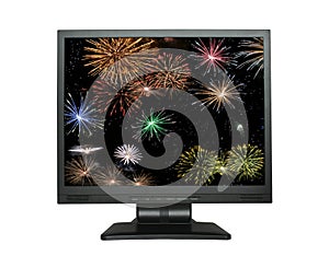 LCD screen with fireworks on white