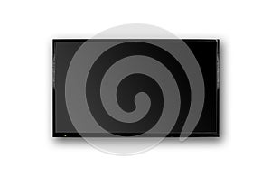 LCD TV with thin black frame hanging on white wall. Blank black screen. Isolated on white background