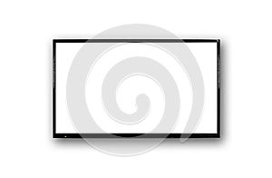 LCD TV with thin black frame hanging on white wall. Blank white screen. Isolated on white background