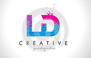 LD L D Letter Logo with Shattered Broken Blue Pink Texture Design Vector.