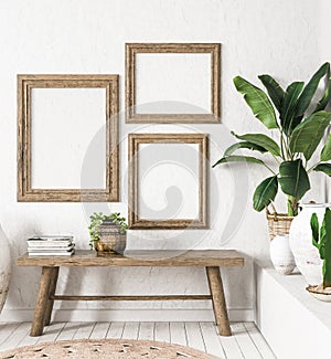 Ld wooden frame mock-up in interior background,Scandi-boho style