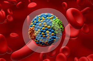LDL Bad lipoprotein cholesterol in the blood flow - Closeup view 3d illustration