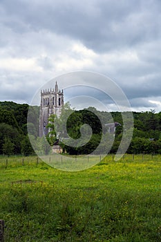 Le Bec-Hellouin abbey tower in spring, Normandy, France