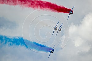 LE BOURGET PARIS - JUN 21, 2019: Patrouille de France flying demonstration team performing at the Paris Air Show