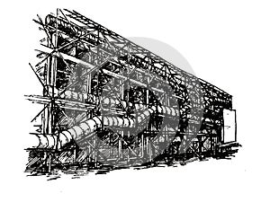 Le Centre Pompidou vector hand drawn black and white illustration