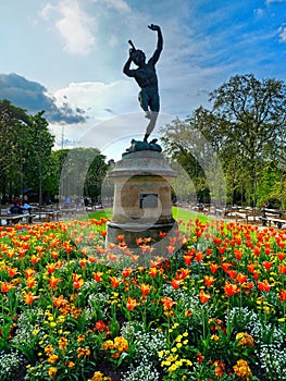 Le faune dansant-Jardin translation The dancing fauna sculptureu in Luxembourg Garden. Beatiful Tulips Paris France photo