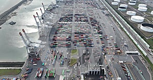 Le Havre, 19th of May 2023, France. The container harbor terminal of le Havre in France. Top down view.