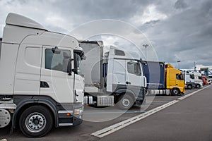 Le Havre, France - May 04, 2018 : Trucks parked on a rest stop