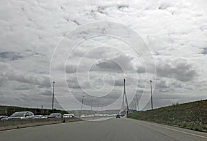 Le Havre, H, France - August 21, 2022: Normandy Bridge called Pont de Normandie is a cable-stayed bridge on river Seine