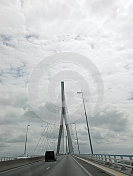 Le Havre, H, France - August 21, 2022: Normandy Bridge called Pont de Normandie is a cable-stayed bridge on river Seine