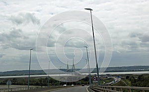 Le Havre, H, France - August 21, 2022: Normandy Bridge called Pont de Normandie is a cable-stayed bridge on river Seine