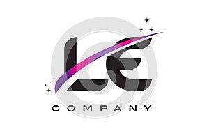 LE L E Black Letter Logo Design with Purple Magenta Swoosh