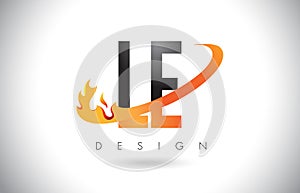 LE L E Letter Logo with Fire Flames Design and Orange Swoosh.