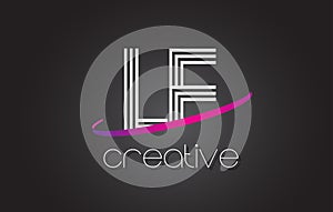 LE L E Letter Logo with Lines Design And Purple Swoosh.