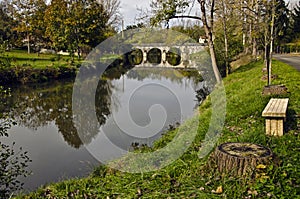 Le Luy de BÃ©arn river and the old city bridge of Sault-de-Nava