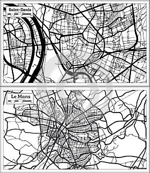 Le Mans and Saint-Denis France Maps Set in Black and White Color photo