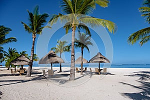 Le Morne beach Mauritius,Tropical beach with palm trees and white sand blue ocean and beach beds with umbrella,Sun