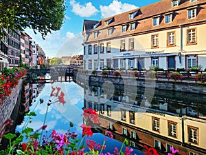 Le Petite France, the most picturesque district of old Strasbourg. Half-timbered houses with reflection in waters of the Ill