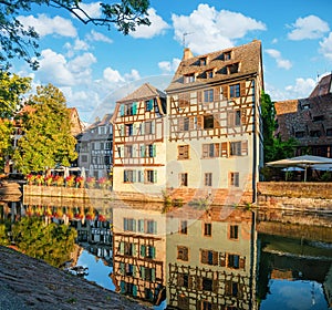Le Petite France, the most picturesque district of old Strasbourg. Half-timbered houses with reflection in waters of the Ill