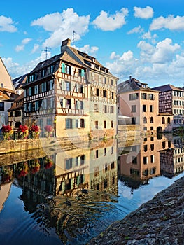 Le Petite France, the most picturesque district of old Strasbourg. Half-timbered houses with reflection in waters of the Ill