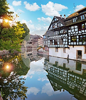 Le Petite France, the most picturesque district of old Strasbourg. Half-timbered houses with reflection in waters of the Ill