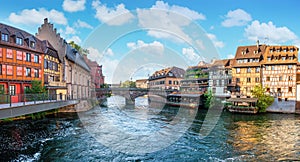 Le Petite France, the most picturesque district of old Strasbourg. Houses with reflection in waters of the Ill channels