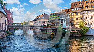 Le Petite France, the most picturesque district of old Strasbourg. Houses with reflection in waters of the Ill channels