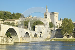 Le Pont St. Benezet and Palace of the Popes and Rhone River, Avignon, France photo