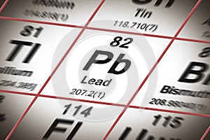 Lead chemical element with the Mendeleev periodic table - concept image