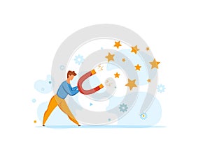 Lead concept businessmen holding huge magnet attracting customers, Vector illustration of client managment, target