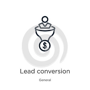 Lead conversion icon. Thin linear lead conversion outline icon isolated on white background from general collection. Line vector