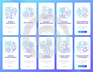 Lead conversion process blue gradient onboarding mobile app screen set