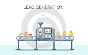 Lead generation concept. Process of leads production on the conveyor belt. Marketing concept in flat style.