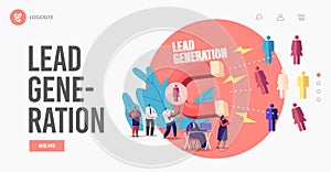 Lead Generation Landing Page Template. Tiny Businessman Character Attracting Clients with Huge Magnet Attract Income