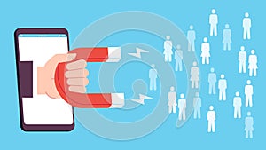 Lead generation. Smartphone screen with hand holding magnet attract new customers icons. Flat social media inbound photo