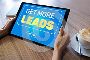 Lead generation start button on screen. Digital marketing and business strategy concept.